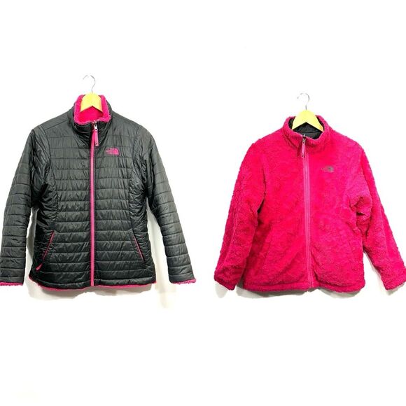 THE NORTH FACE Girls Gray Pink Fur Lined Jacket Coat Reversible - Picture 1 of 11